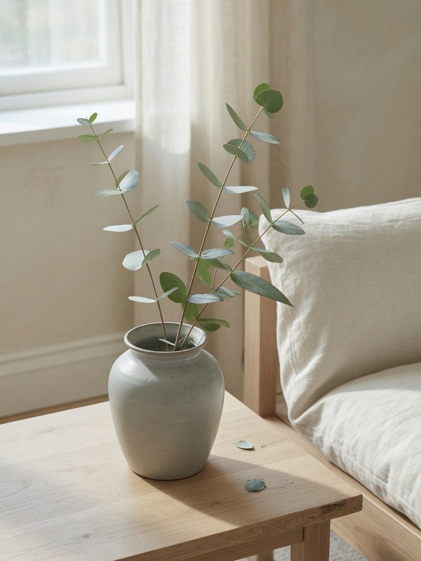 Eucalyptus and linen details in the treatment room