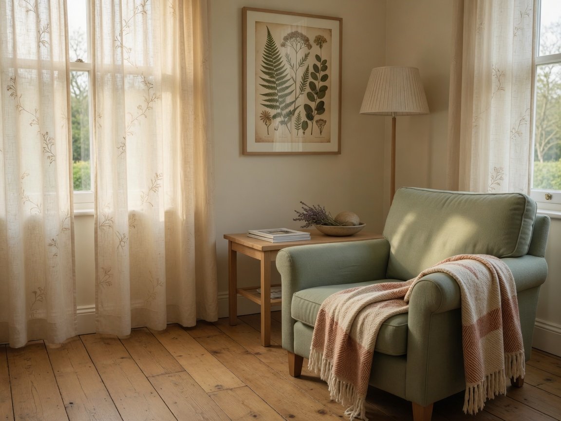 Calm waiting corner with sage armchair